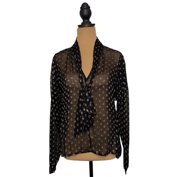 Anthropologie Bl^nk‎ Sheer Black Tie Neck Long Sleeve Top with Gold Polka Dots - Picture 2 of 9